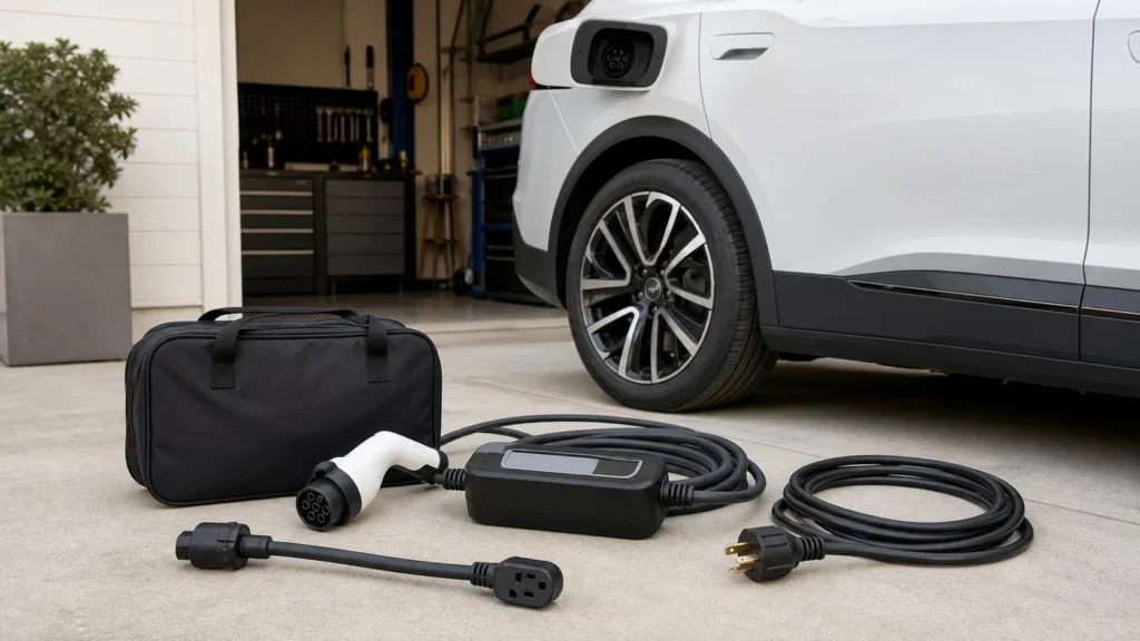 Portable EV charger kit with EVSE control box, cable, connector, plug, and storage bag beside an electric car