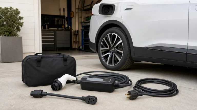 Portable EV charger kit with EVSE control box, cable, connector, plug, and storage bag beside an electric car