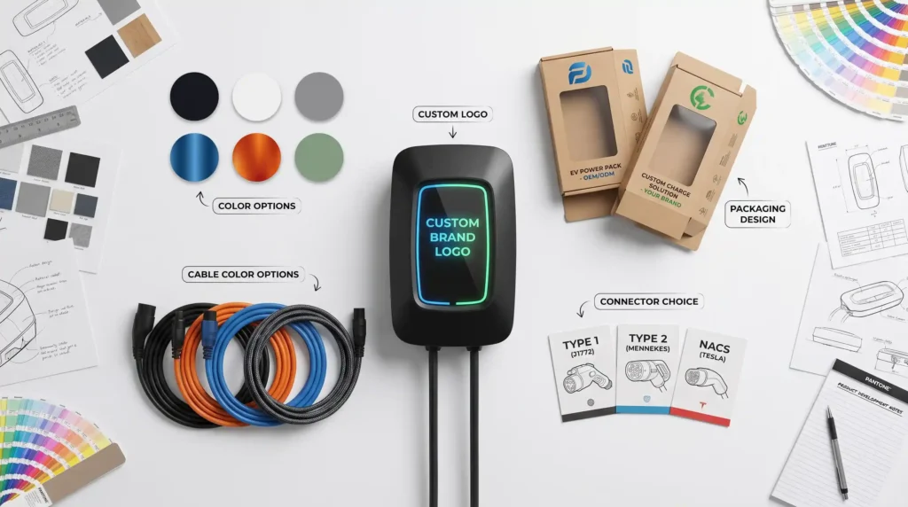 The ODM customization process allows distributors to launch a private-label portable EV charger brand quickly. Typical options include custom logo printing, housing color selection, connector type specification, cable length, and fully designed retail packaging.