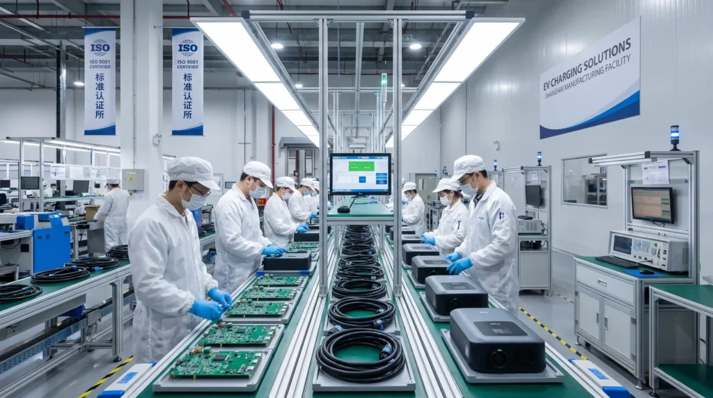 A modern, ISO 9001-certified EV charging equipment manufacturing facility. Partnering with a manufacturer that owns its production line ensures consistent quality control, traceable components, and reliable lead times for global distributors.