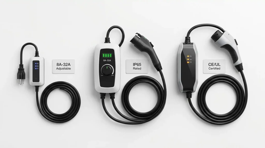 A well-structured portable EV charger product lineup should span from compact Level 1 units for entry-level consumers to high-performance Level 2 adjustable chargers with IP65 ratings and CE/UL certifications for professional use.