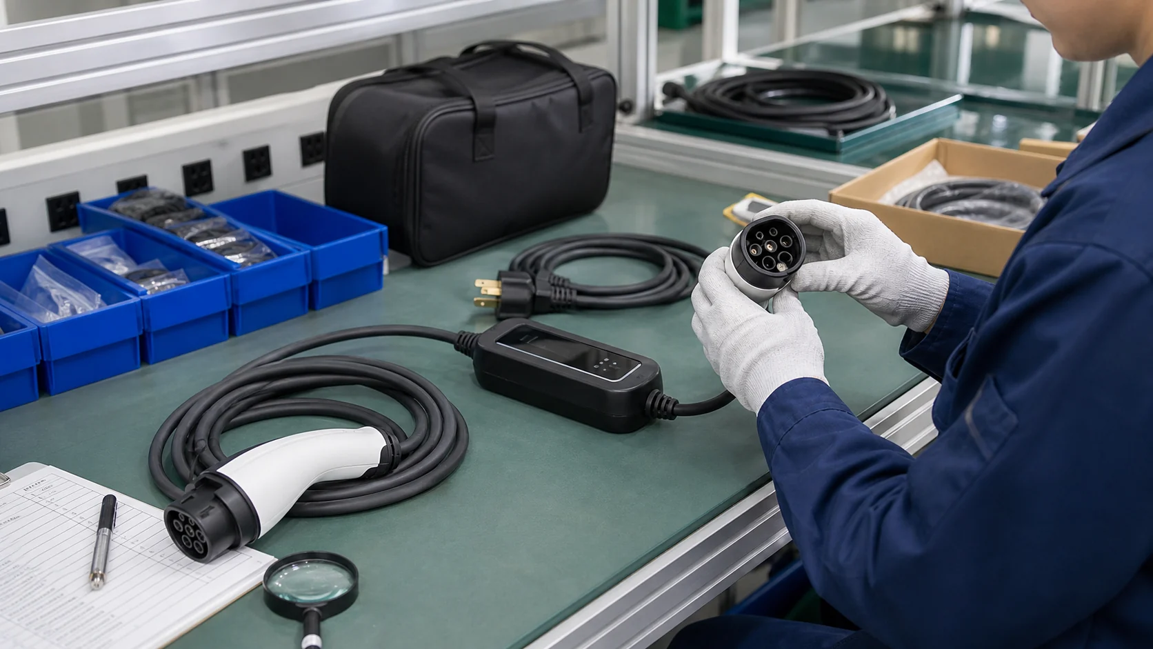 Portable EV charger cable and control box inspected on a factory test bench