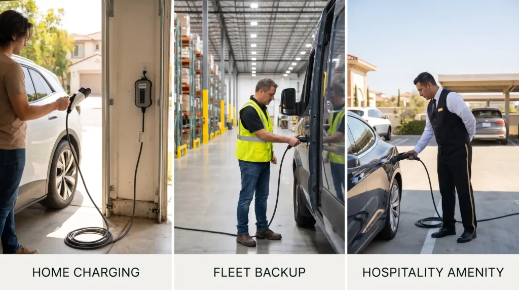 Portable EV chargers serve three distinct commercial applications: convenient home charging for residential consumers, emergency backup charging for commercial fleet operators, and a premium amenity for hospitality businesses.