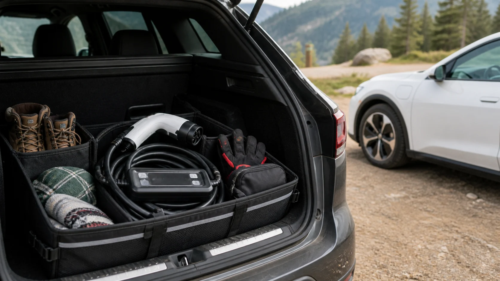 Portable EV charger stored in a trunk organizer for road trip and backup charging use