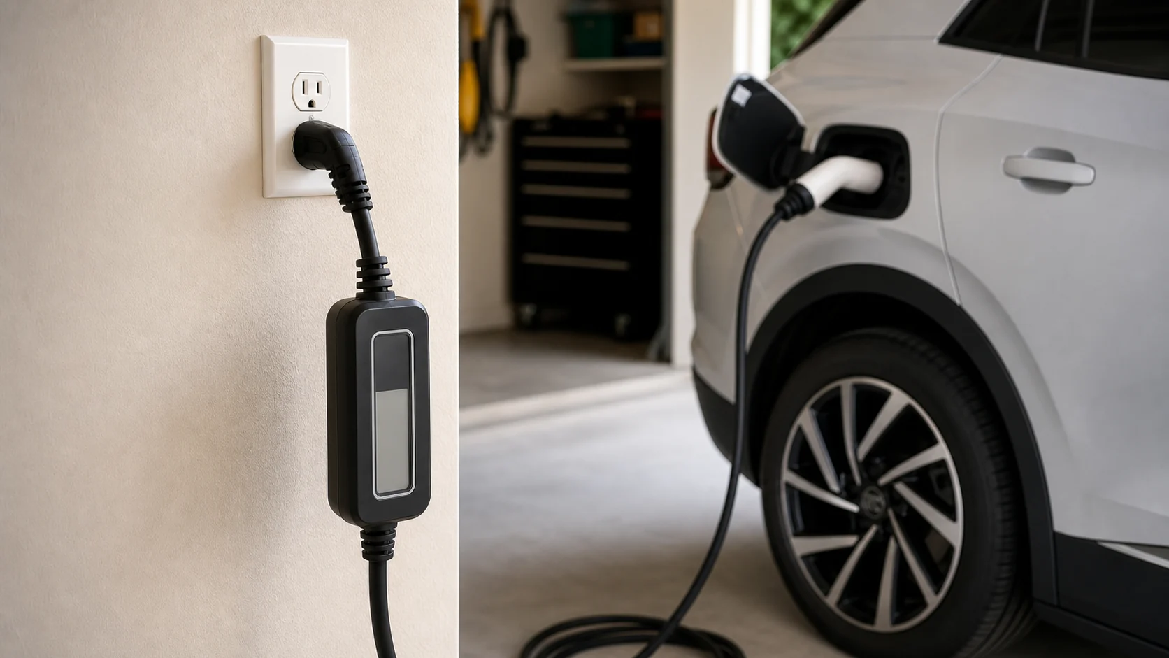 Portable Level 1 EV charger plugged into a household outlet in a clean garage