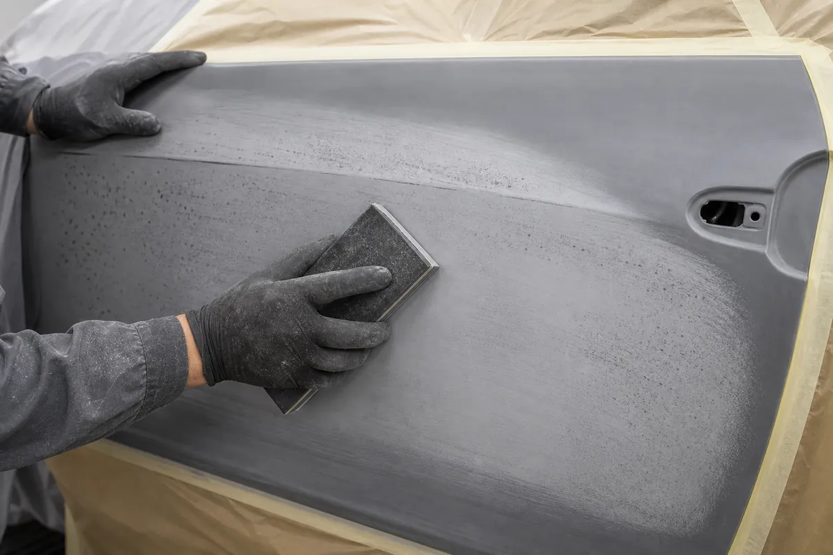 Technician sanding gray automotive primer surfacer with a sanding block and guide coat
