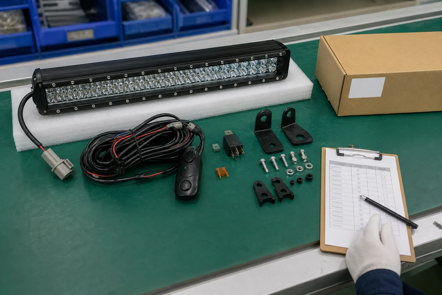 Product inspection scene with an off-road LED light bar, packaging label, wiring harness, and specification checklist on a workbench