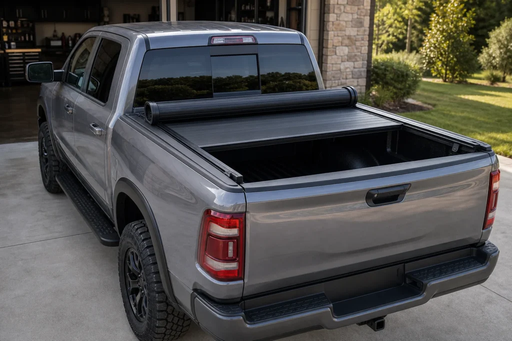 Pickup truck with a retractable tonneau cover partially opened into a front canister
