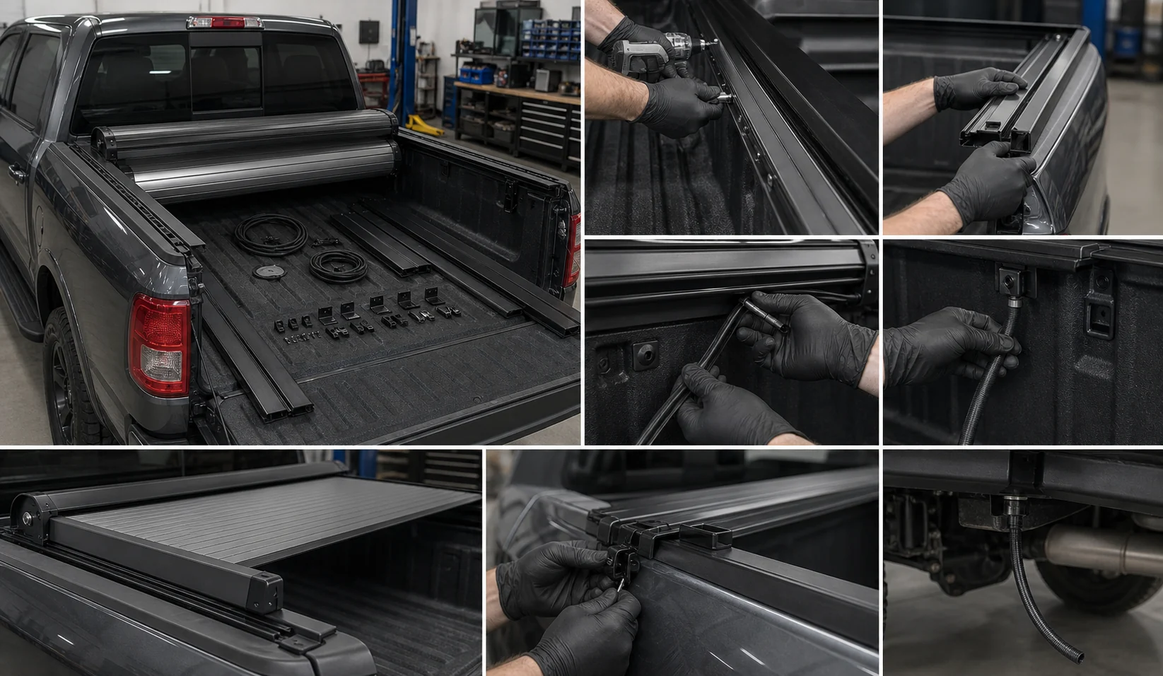 Technician installing retractable tonneau cover rails and drain tubes on a pickup truck bed