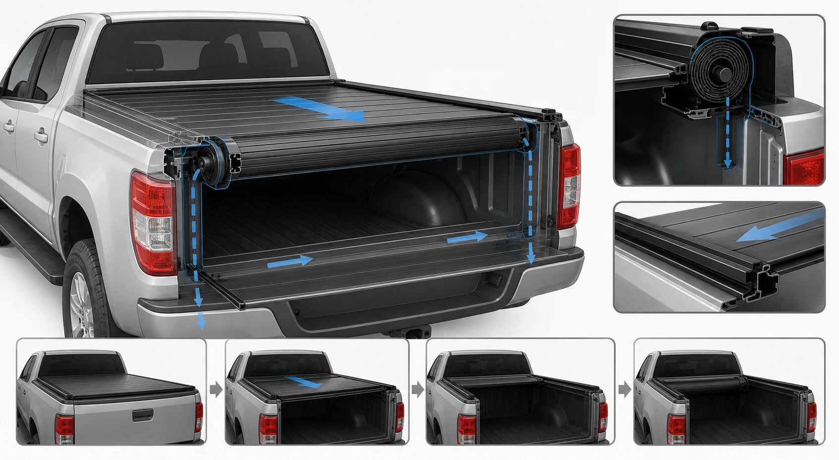 Cutaway diagram showing retractable tonneau cover slats sliding along rails into a front canister with drain tubes