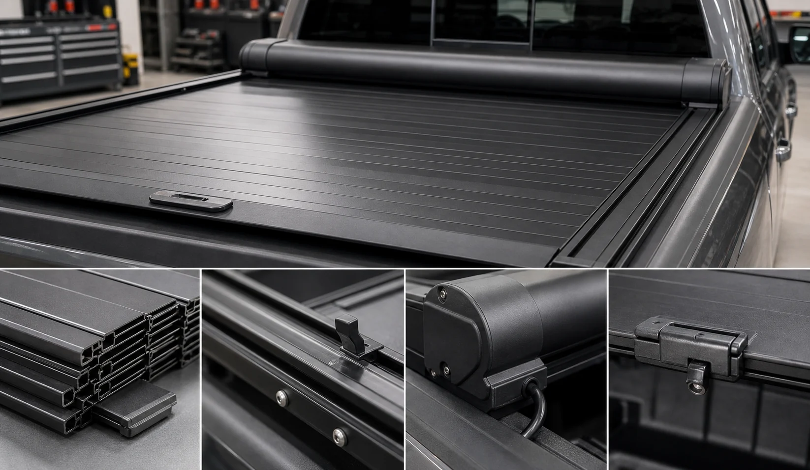 Close-up of retractable tonneau cover slats side rails front canister drain tube and latch hardware
