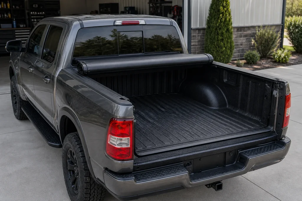 Pickup truck with a roll-up tonneau cover rolled open near the cab for full bed access