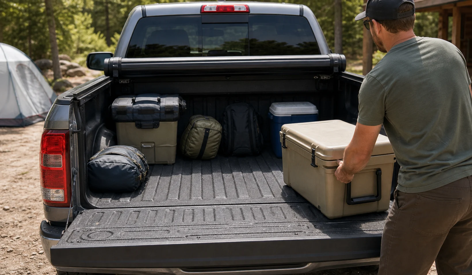 Pickup bed with roll-up tonneau cover fully rolled open and cargo boxes being loaded