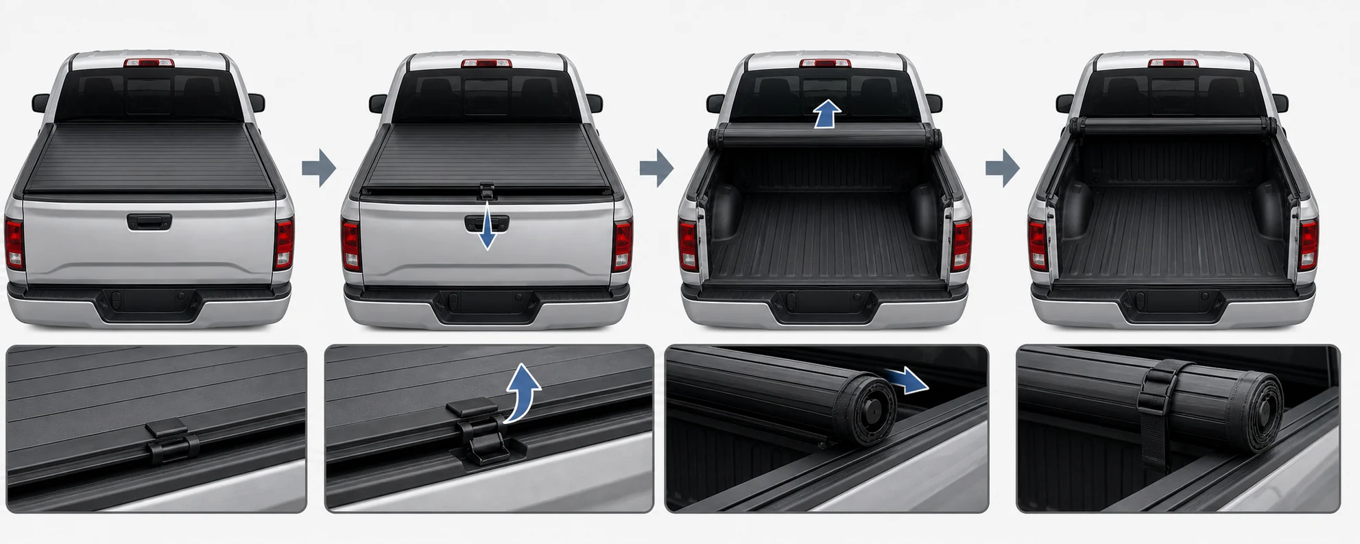 Visual sequence showing roll-up tonneau cover opening from closed position to secured roll near the cab