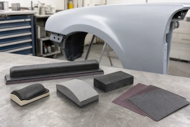 Assortment of automotive sanding blocks, sandpaper sheets, and a primered car fender in an auto body workshop