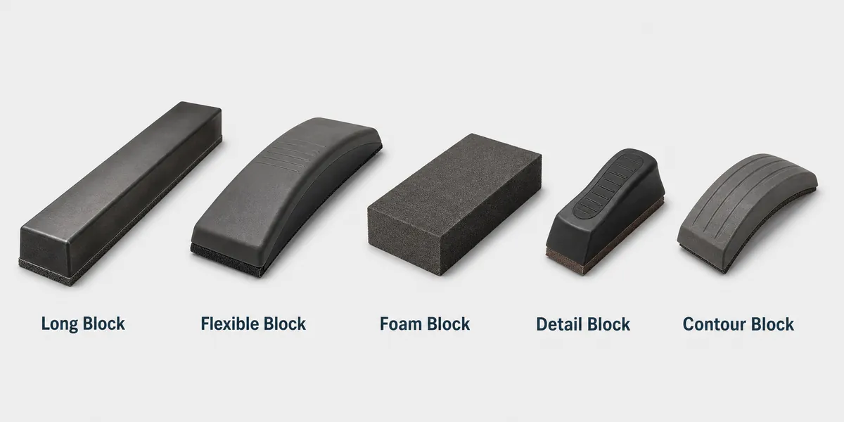 Comparison image of long block, flexible block, foam block, detail block, and contour block for auto body sanding