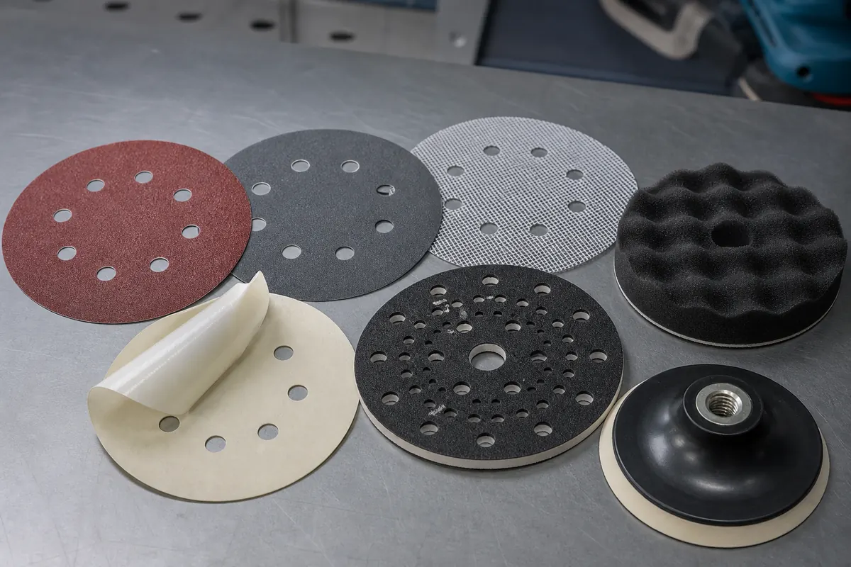 Close-up comparison of hook-and-loop, adhesive-back, mesh, and multi-hole automotive sanding discs