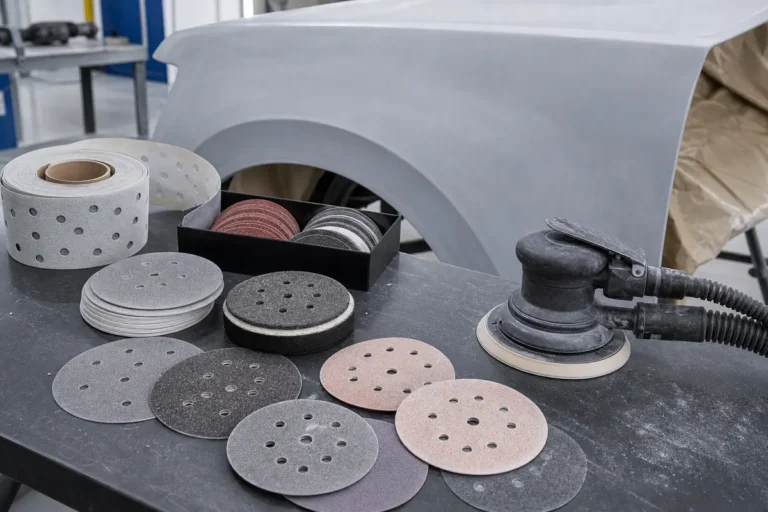 Automotive sanding discs, DA sander, foam pad, and primered car panel in an auto body workshop