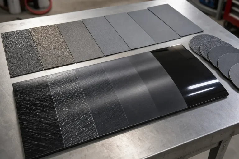 Automotive sandpaper grit progression beside a painted test panel showing coarse to fine sanding scratches
