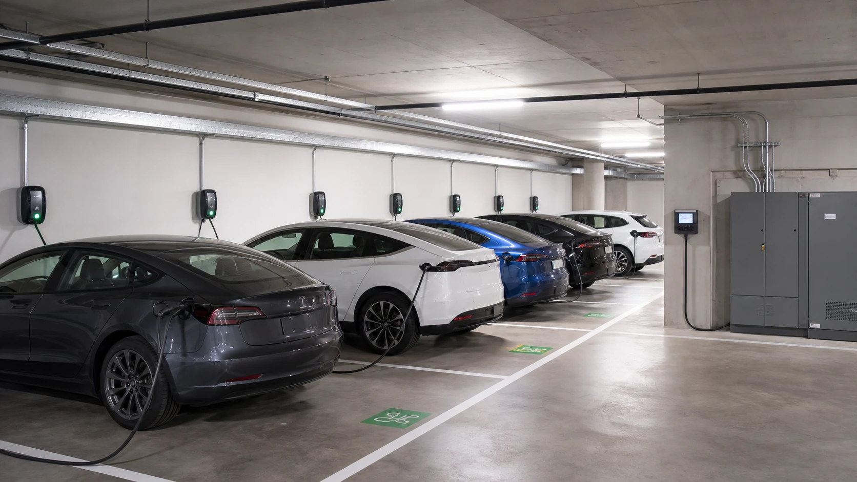 Shared parking garage with several electric vehicles charging from limited building electrical capacity