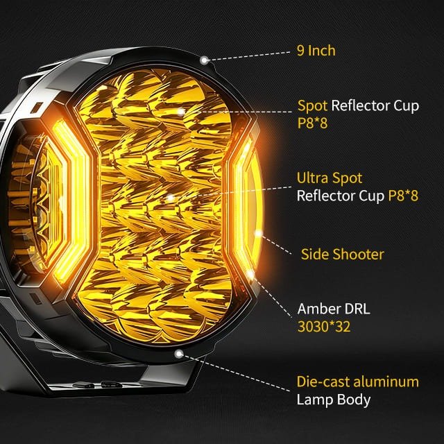 9 Inch 240W Pair Side Shooter White Amber DRL Driving Light gallery image 3
