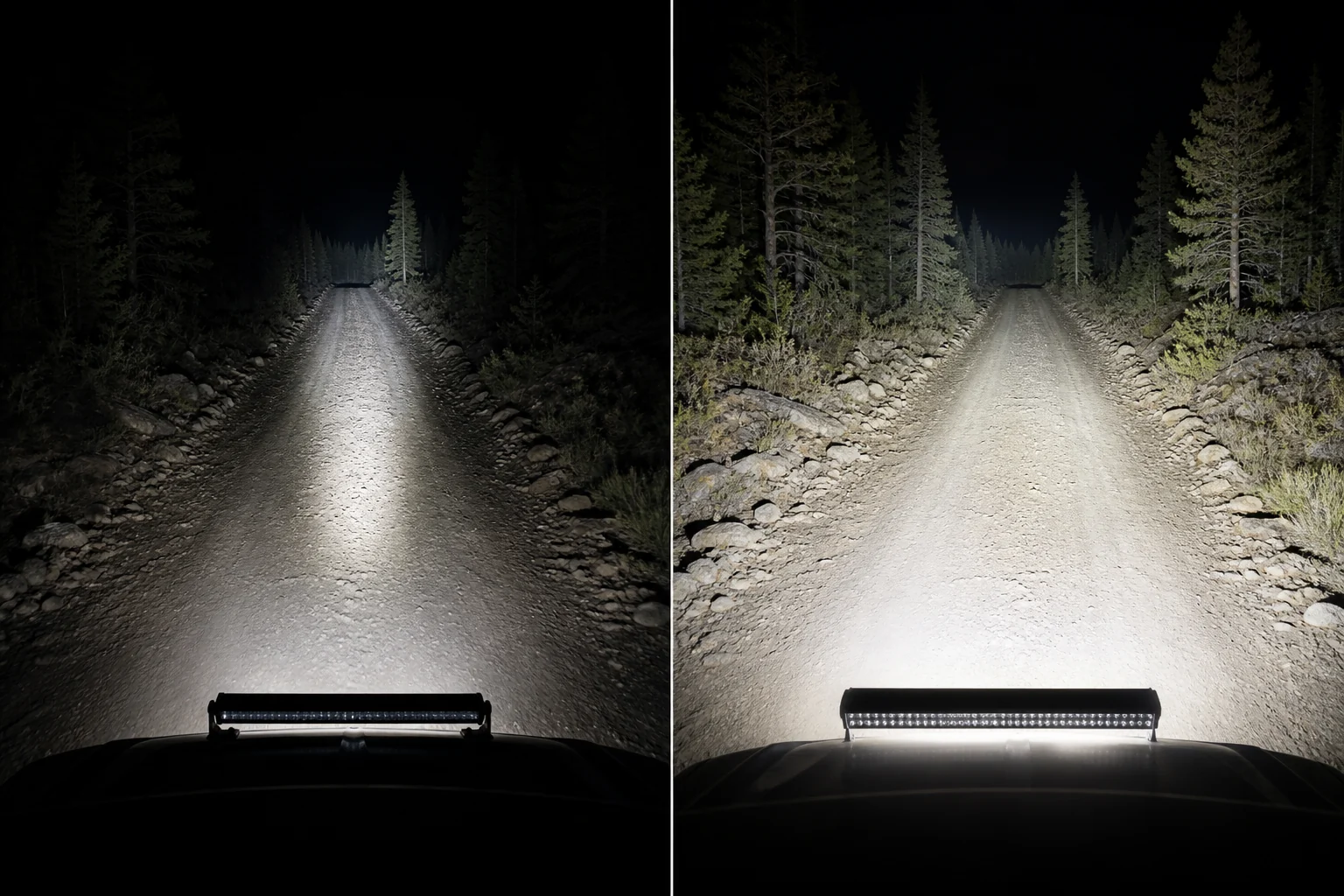 Beam spread diagram comparing single row and dual row LED light bars on an off-road trail