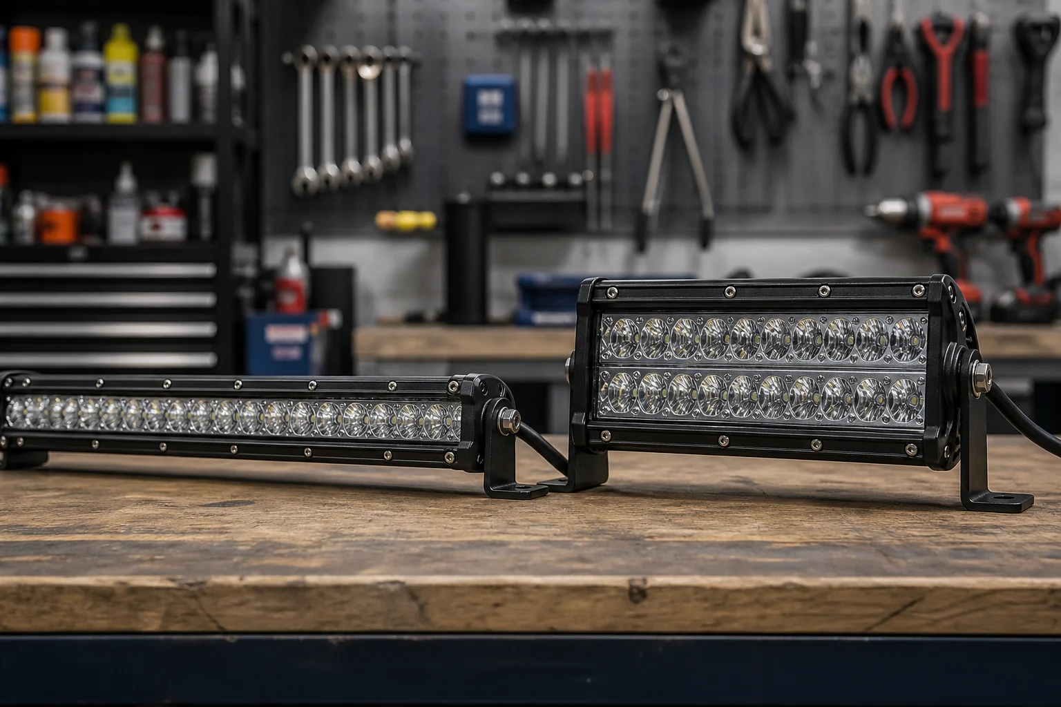 Product close-up of slim single row LED light bar beside a taller dual row LED light bar on a workshop bench