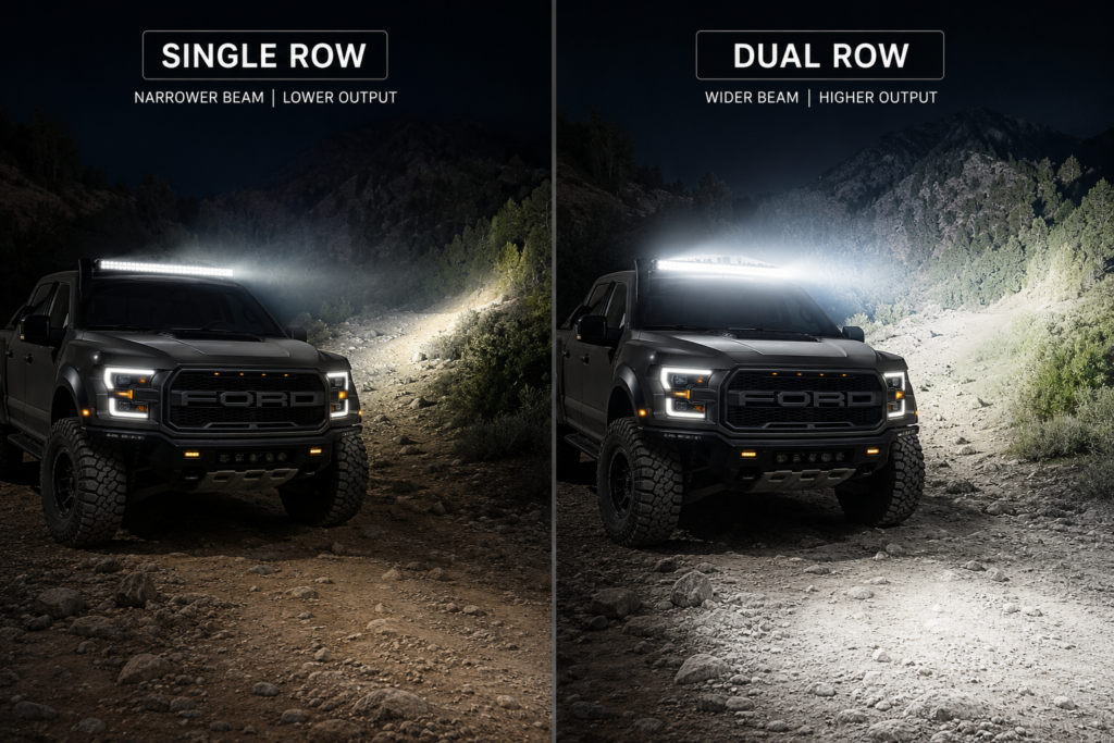 Single row and dual row LED light bars mounted on an off-road truck for size and output comparison