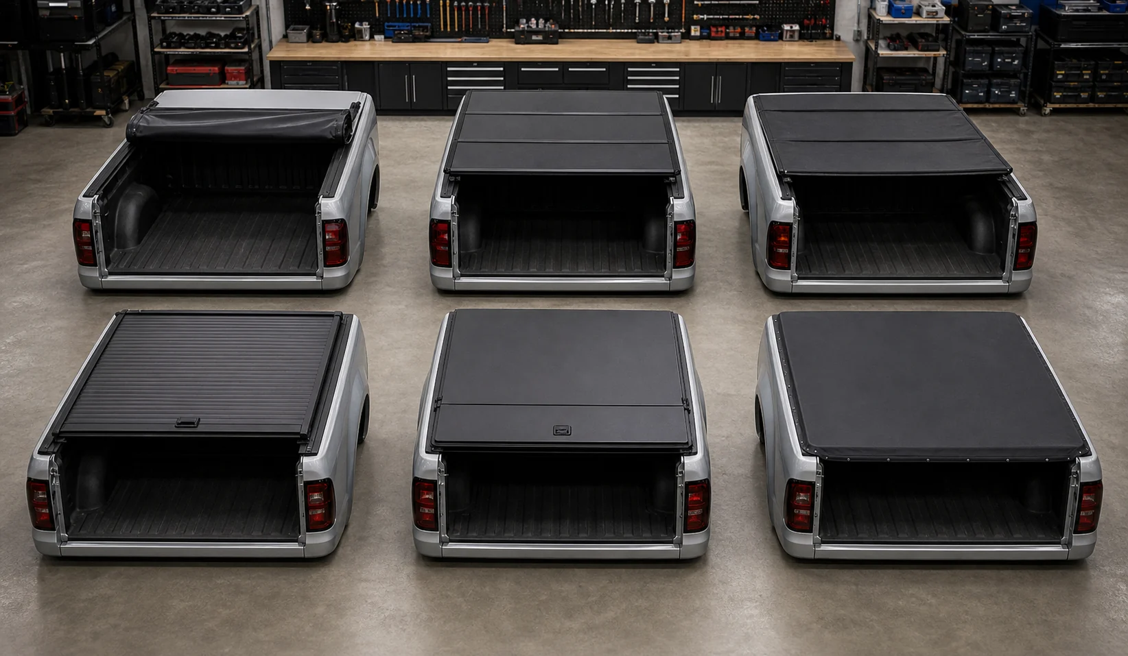 Six pickup tonneau cover types displayed in a workshop including roll-up folding retractable hinged and snap styles