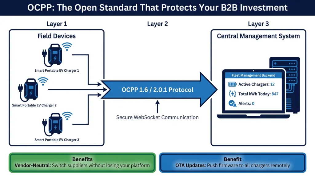 OCPP acts as the universal, vendor-neutral translator between field devices and central management servers. It is the critical underlying technology that allows fleet managers to monitor dozens or hundreds of portable chargers simultaneously from a single, unified dashboard.