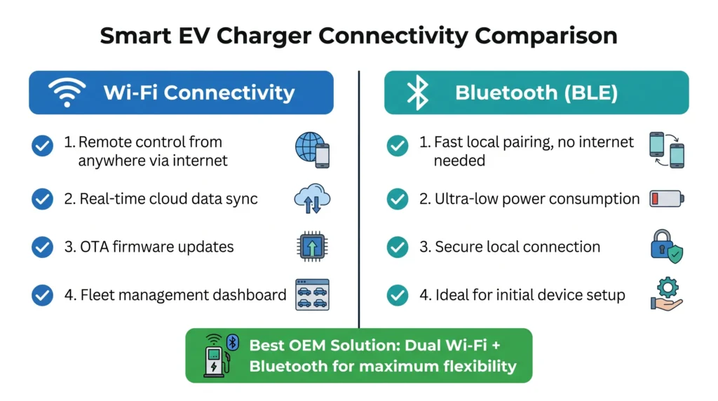 A direct, side-by-side comparison of Wi-Fi and Bluetooth connectivity in smart EV chargers. While each technology has distinct advantages, the most robust and flexible OEM solutions integrate both technologies to ensure a seamless, fail-safe user experience.