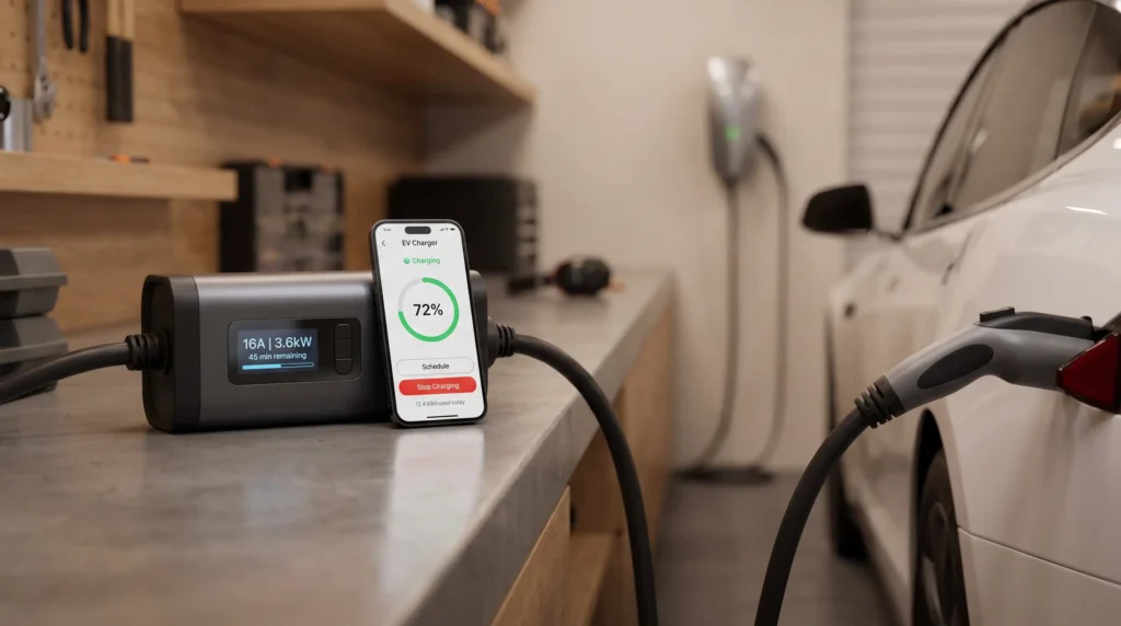 A modern smart portable EV charger paired seamlessly with its companion mobile app. The deep integration of software allows users to monitor real-time charging speed, set automated schedules, and track daily energy consumption directly from their smartphones, no matter where they are.