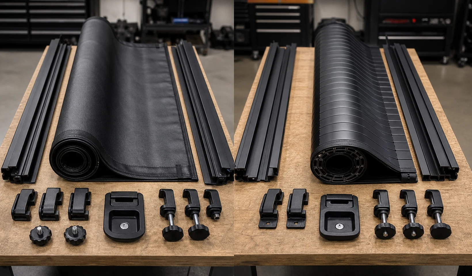 Soft and hard roll-up tonneau cover components with vinyl material aluminum slats rails clamps and latches