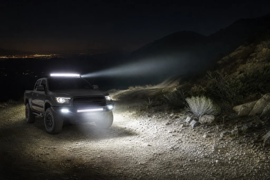 Off-road truck at night showing spot, flood, and combo LED light bar beam patterns across a trail