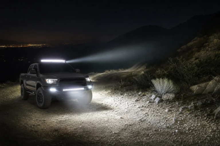 Off-road truck at night showing spot, flood, and combo LED light bar beam patterns across a trail