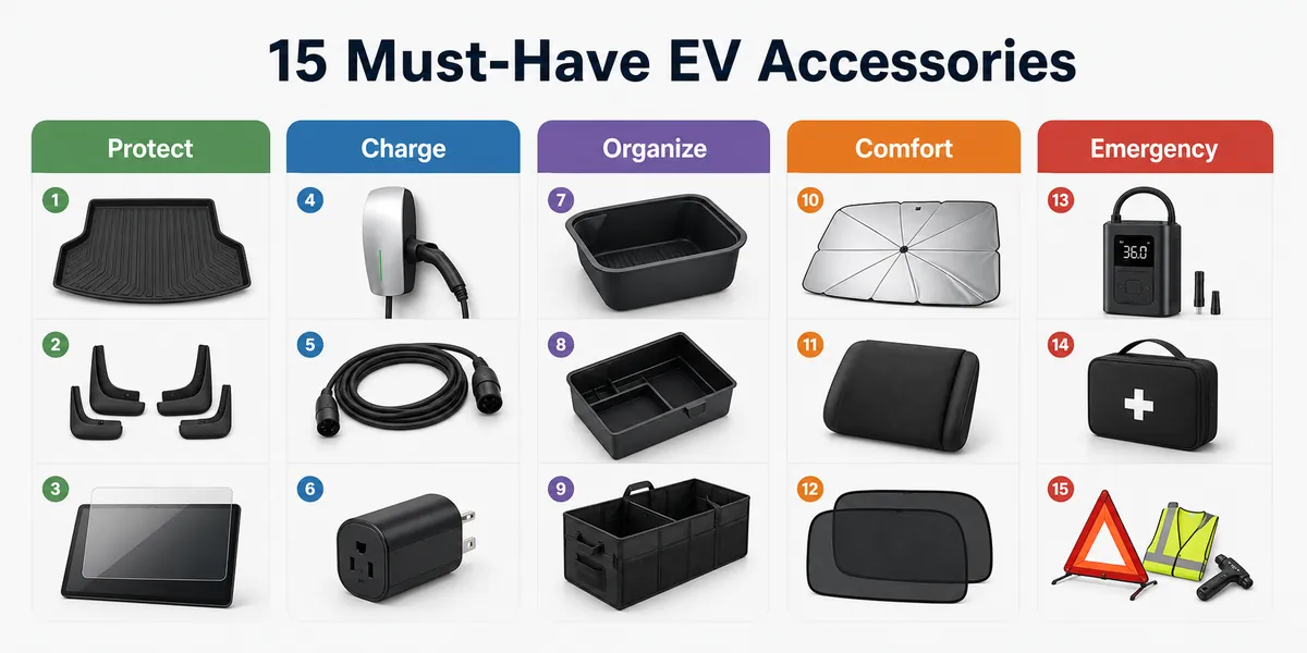 Checklist-style graphic grouping Tesla accessories by protection, charging, organization, comfort, and emergency use