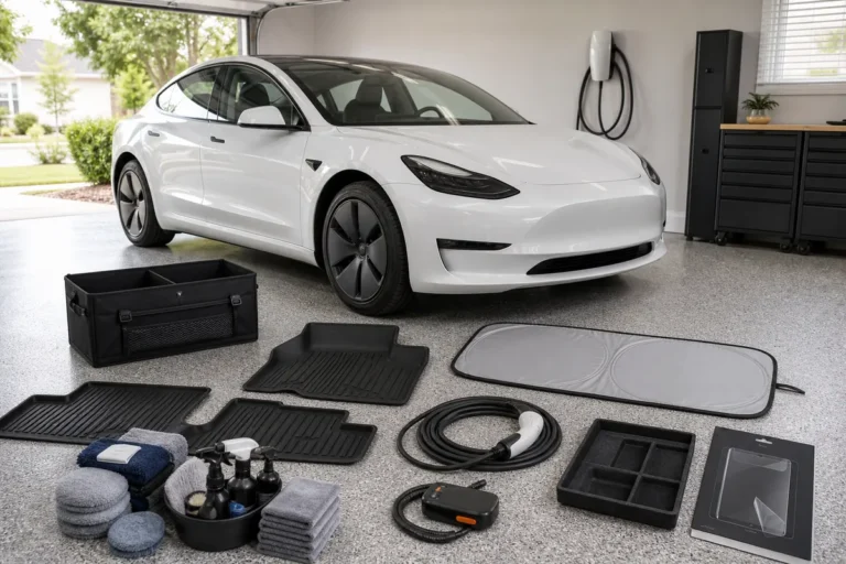 Tesla-style electric car in a garage with floor mats, charging cable, trunk organizer, sunshade, screen protector, and emergency accessories