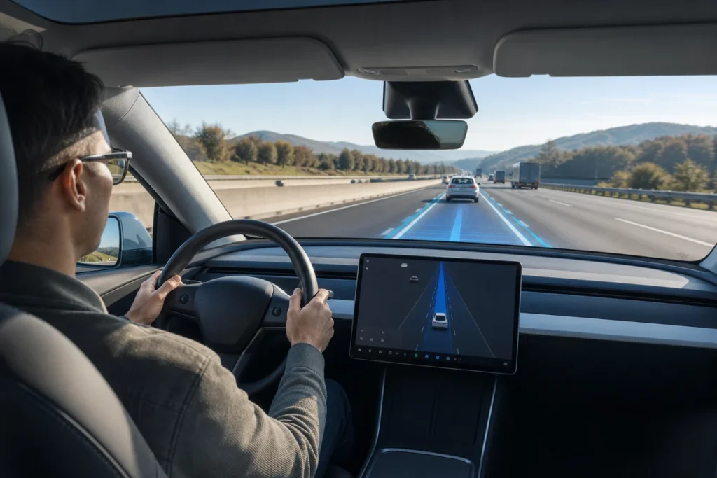 Attentive driver using Tesla Autopilot style driver assistance on a highway with lane guidance visualization