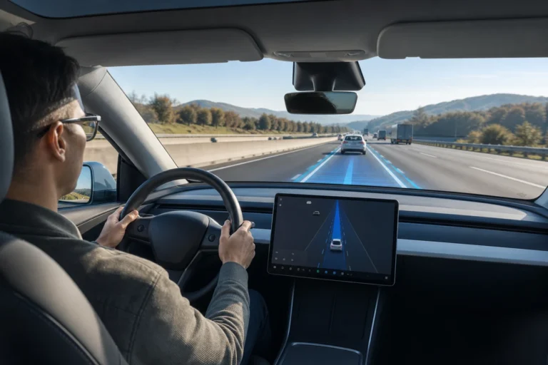 Attentive driver using Tesla Autopilot style driver assistance on a highway with lane guidance visualization