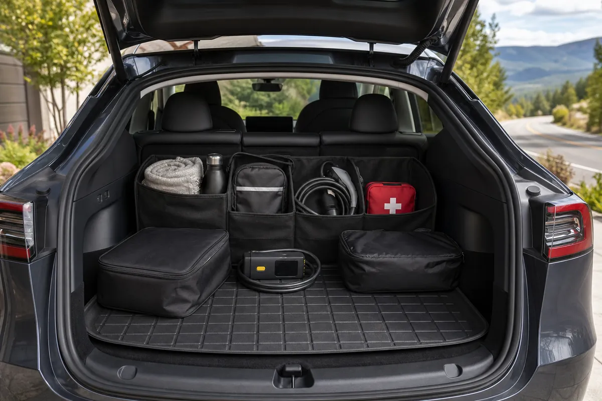 Tesla-style electric SUV cargo area with trunk organizer, cargo liner, frunk bag, tire inflator, first aid kit, and charging cable bag