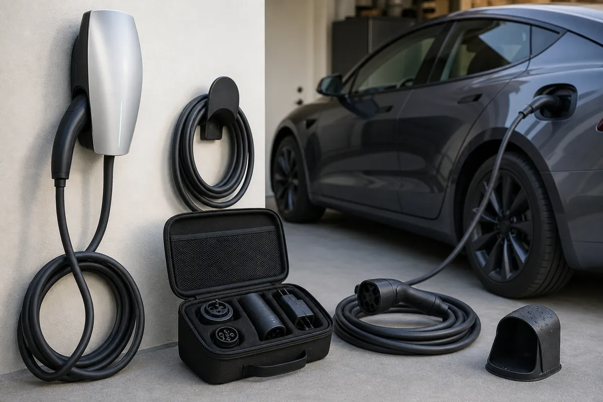 Tesla-style EV charging garage setup with wall connector, coiled charging cable, adapter case, cable holder, and connector cover