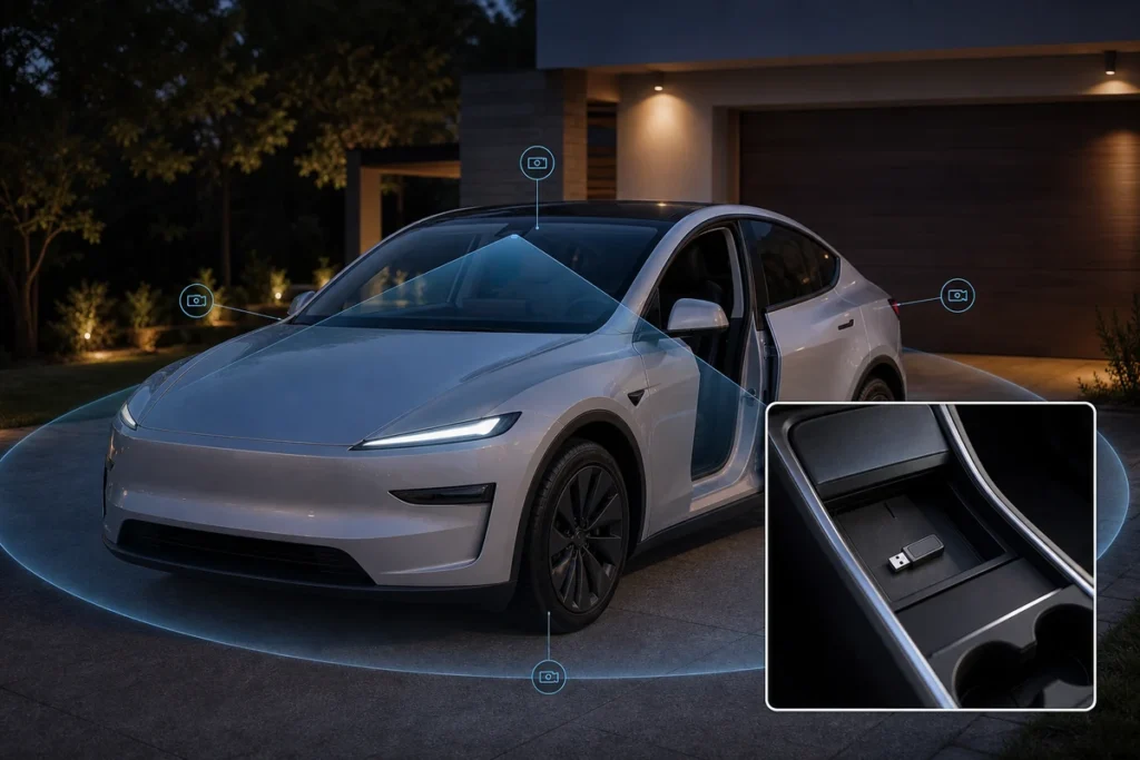 Tesla dashcam and Sentry Mode concept with parked electric car camera coverage and USB storage accessory
