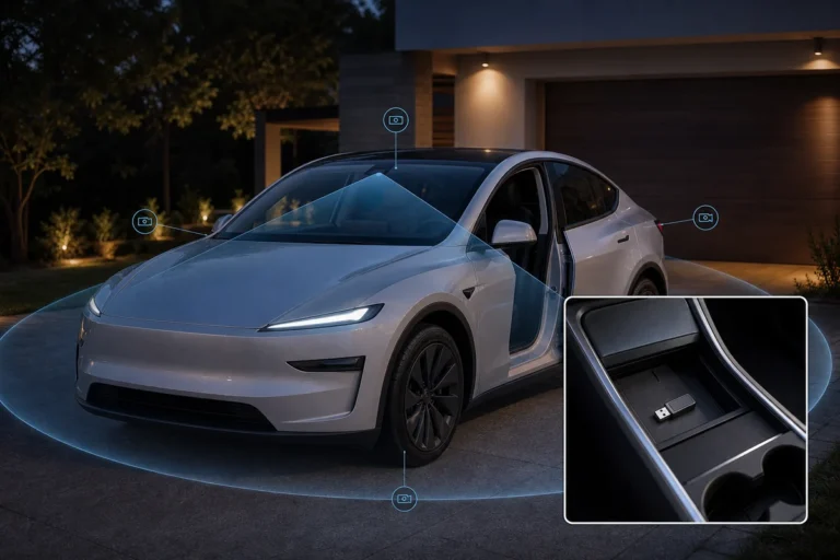 Tesla dashcam and Sentry Mode concept with parked electric car camera coverage and USB storage accessory