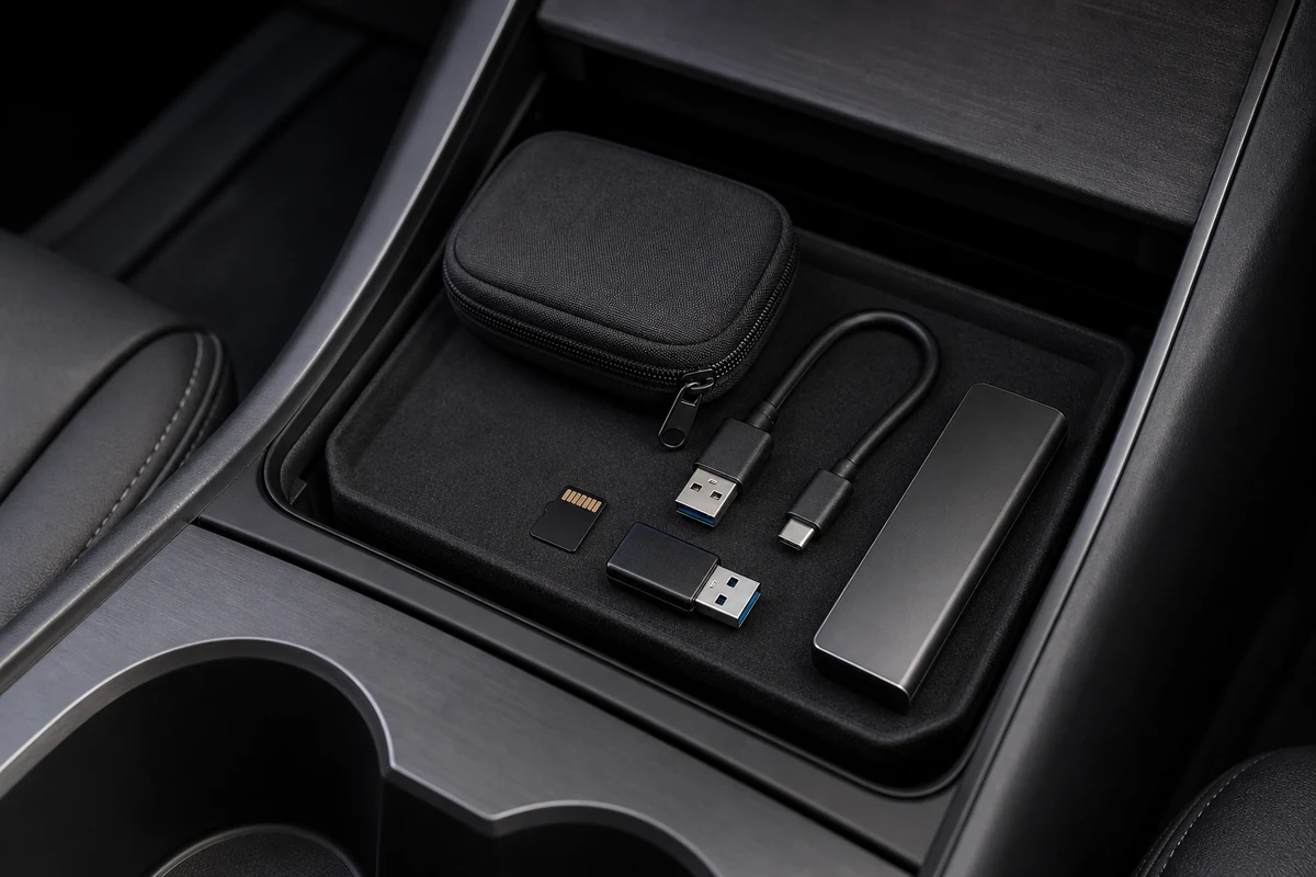Tesla dashcam USB storage accessories including high endurance memory card SSD USB adapter and storage case