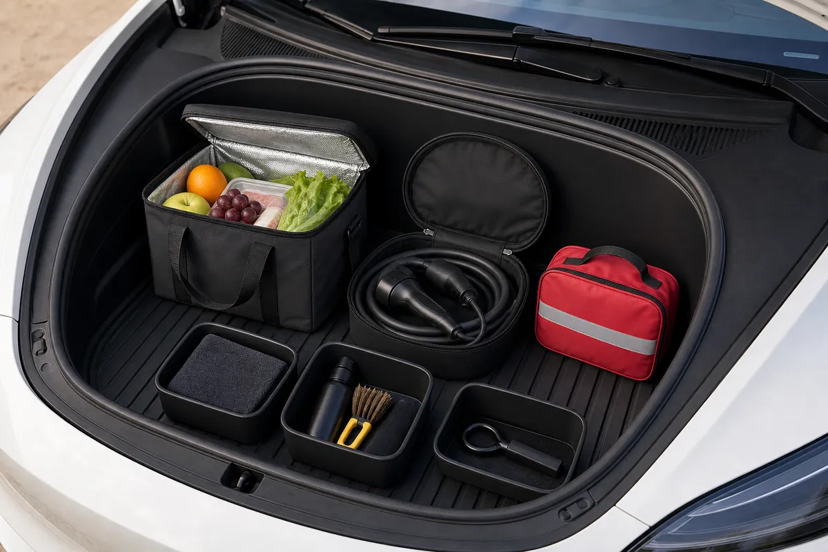 Tesla-style frunk accessories including a frunk liner, insulated grocery bag, charging cable pouch, emergency kit, and organizer bins