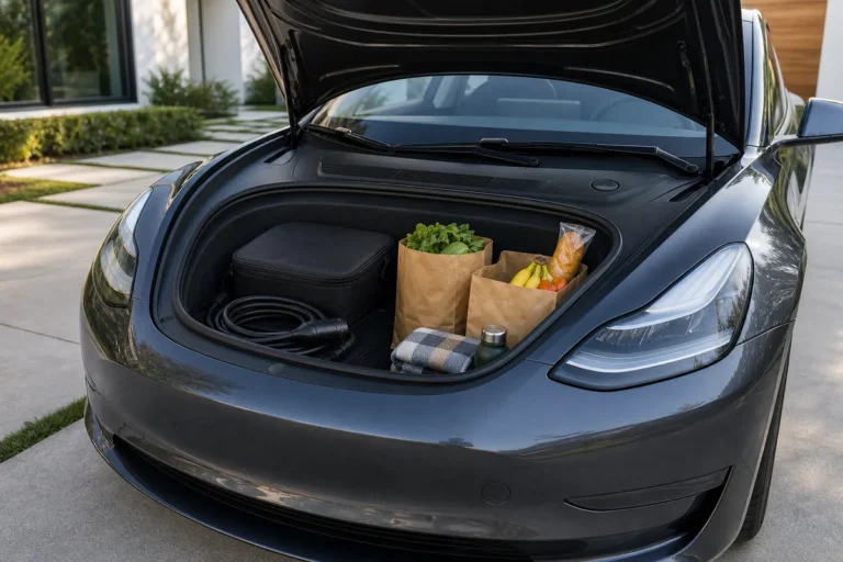 Tesla-style electric sedan with the front trunk open and frunk liner, charging cable bag, grocery bags, and travel items inside