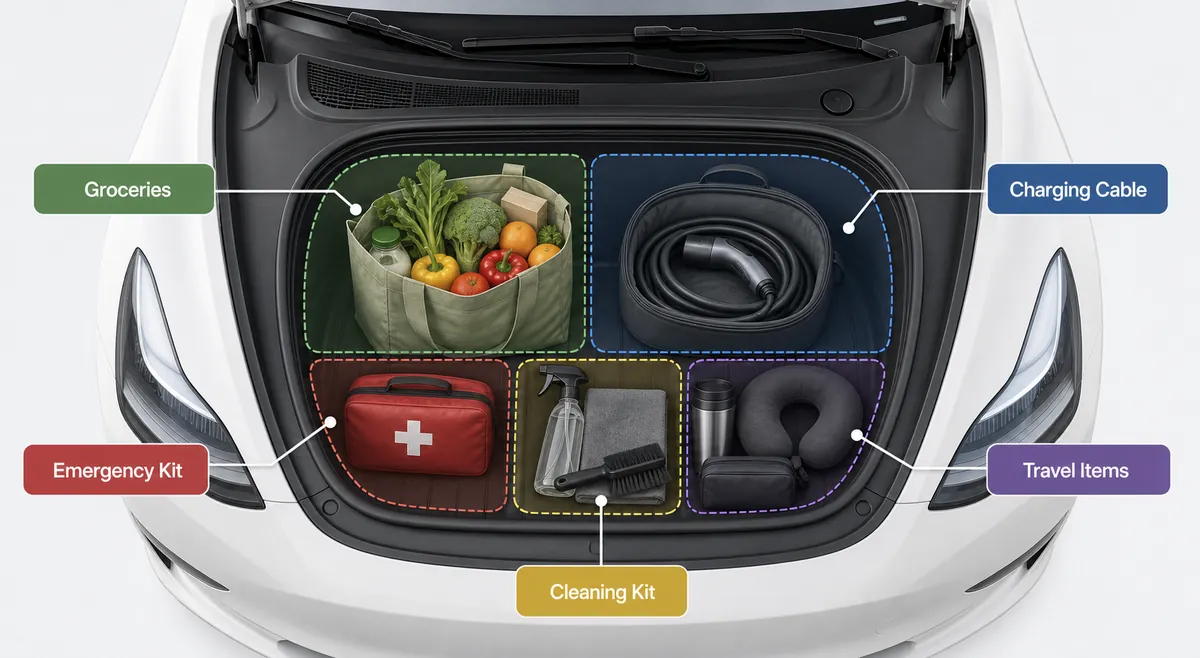 Diagram of Tesla-style frunk storage zones for groceries, charging cable, emergency kit, cleaning kit, and travel items