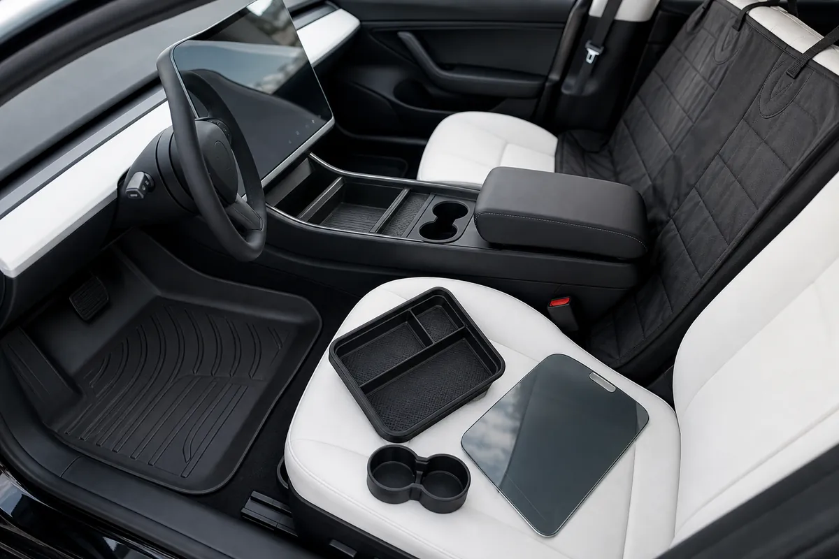 Tesla-style electric car interior with all-weather floor mats, center console tray, cup holder insert, rear seat protector, and screen protector
