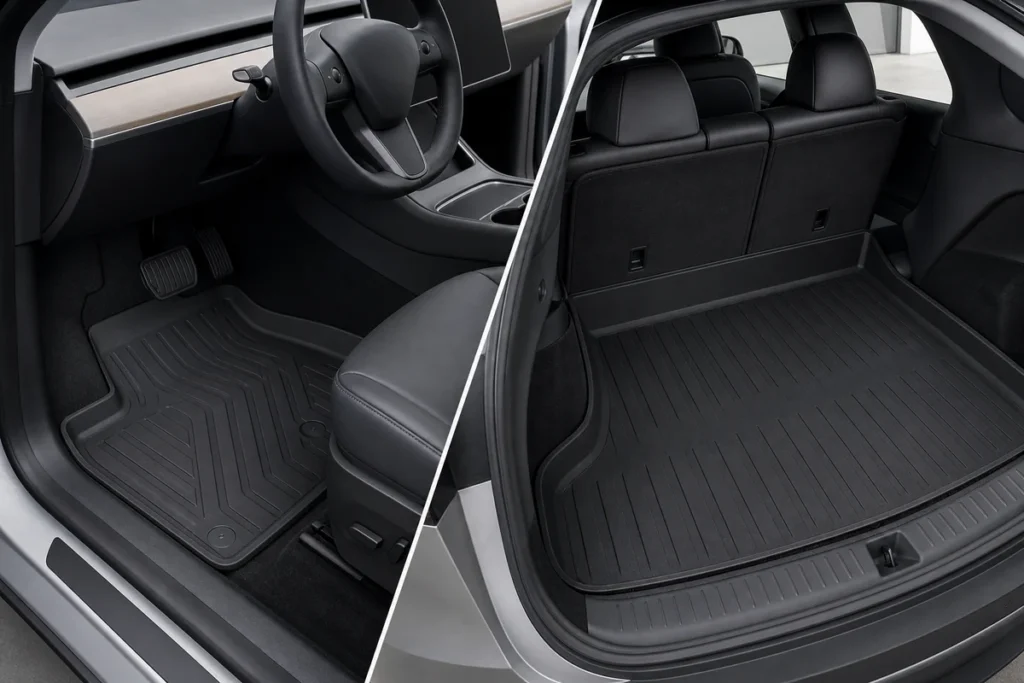 Tesla Model Y style electric crossover interior with fitted black all weather floor mats and raised edges