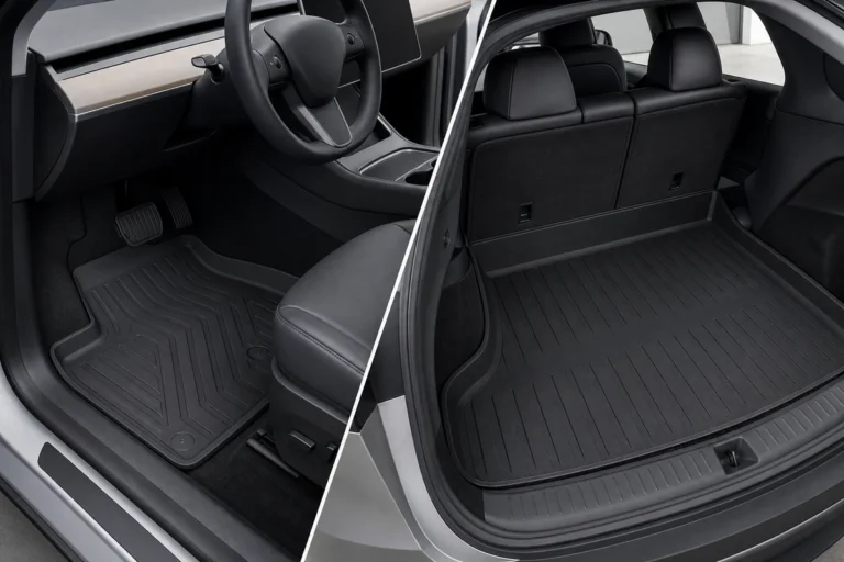 Tesla Model Y style electric crossover interior with fitted black all weather floor mats and raised edges